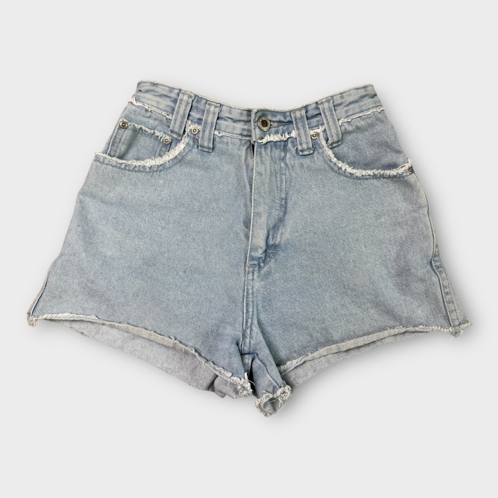 LA Blues Vintage High Waisted Denim Jean Shorts Light Wash Frayed Hem Size 4 Mom